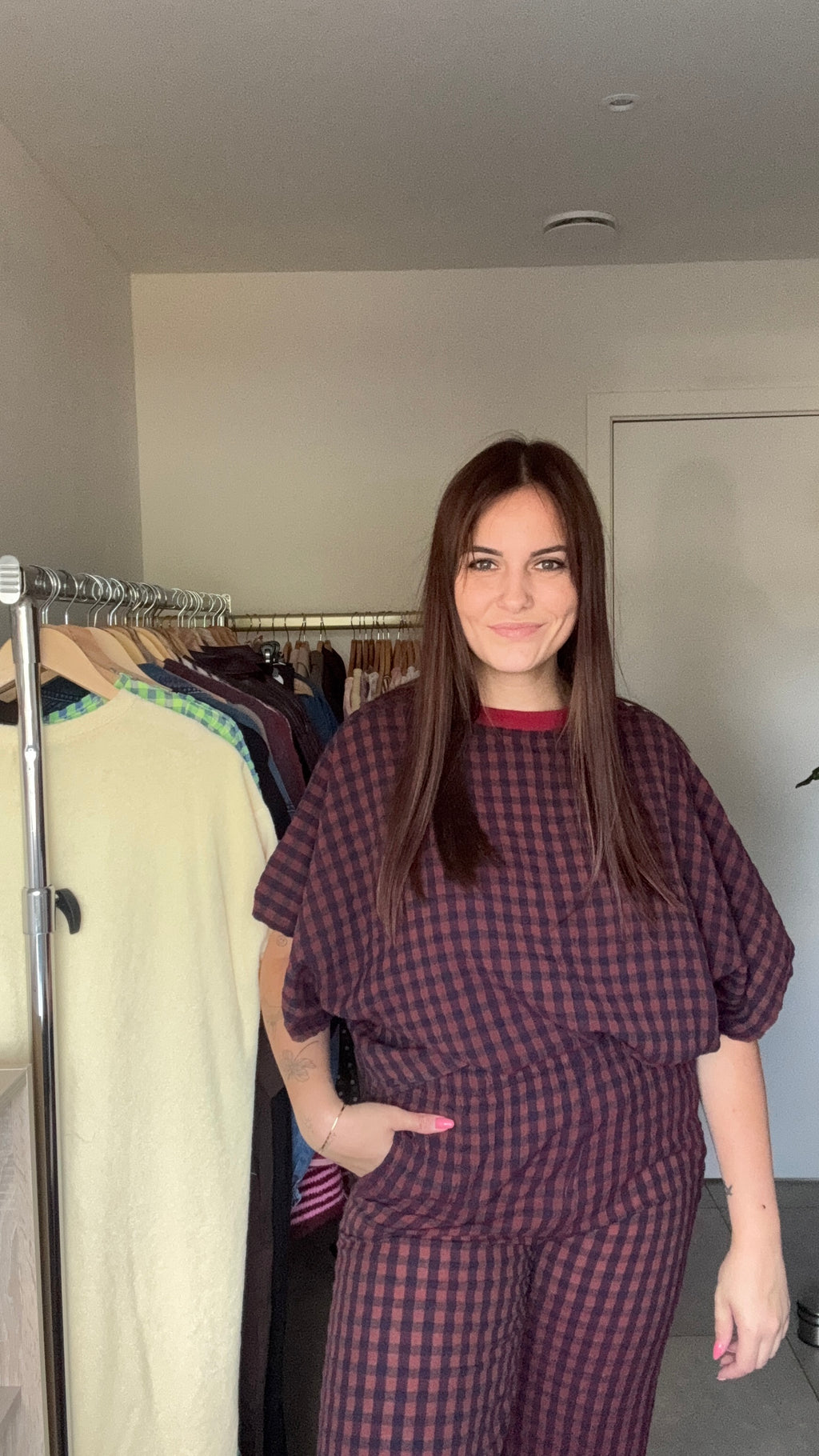 Mila check broek – burgundy