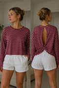 Longsleeve open back striped – bordeaux/roze