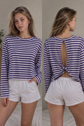 Longsleeve open back striped – paars/wit