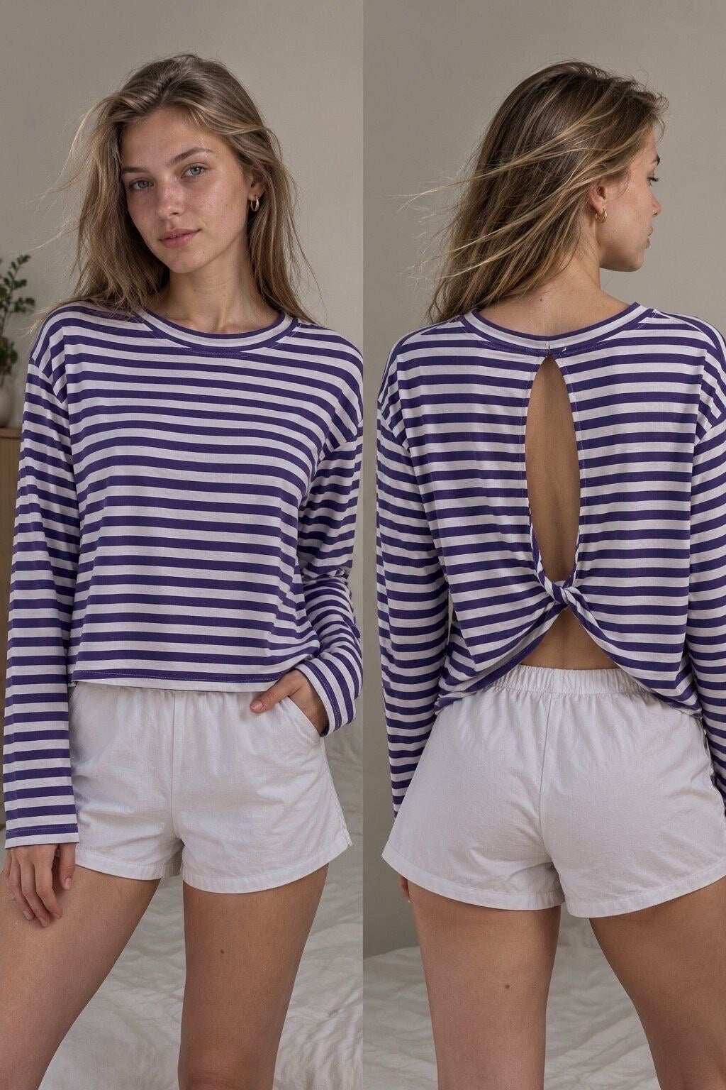 Longsleeve open back striped – paars/wit
